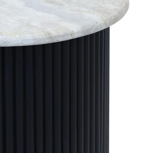 Tyler Travertine Top Side Table with Black Acacia Wood Base