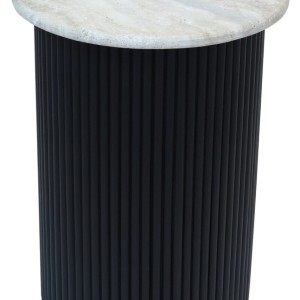 Tyler Travertine Top Side Table with Black Acacia Wood Base