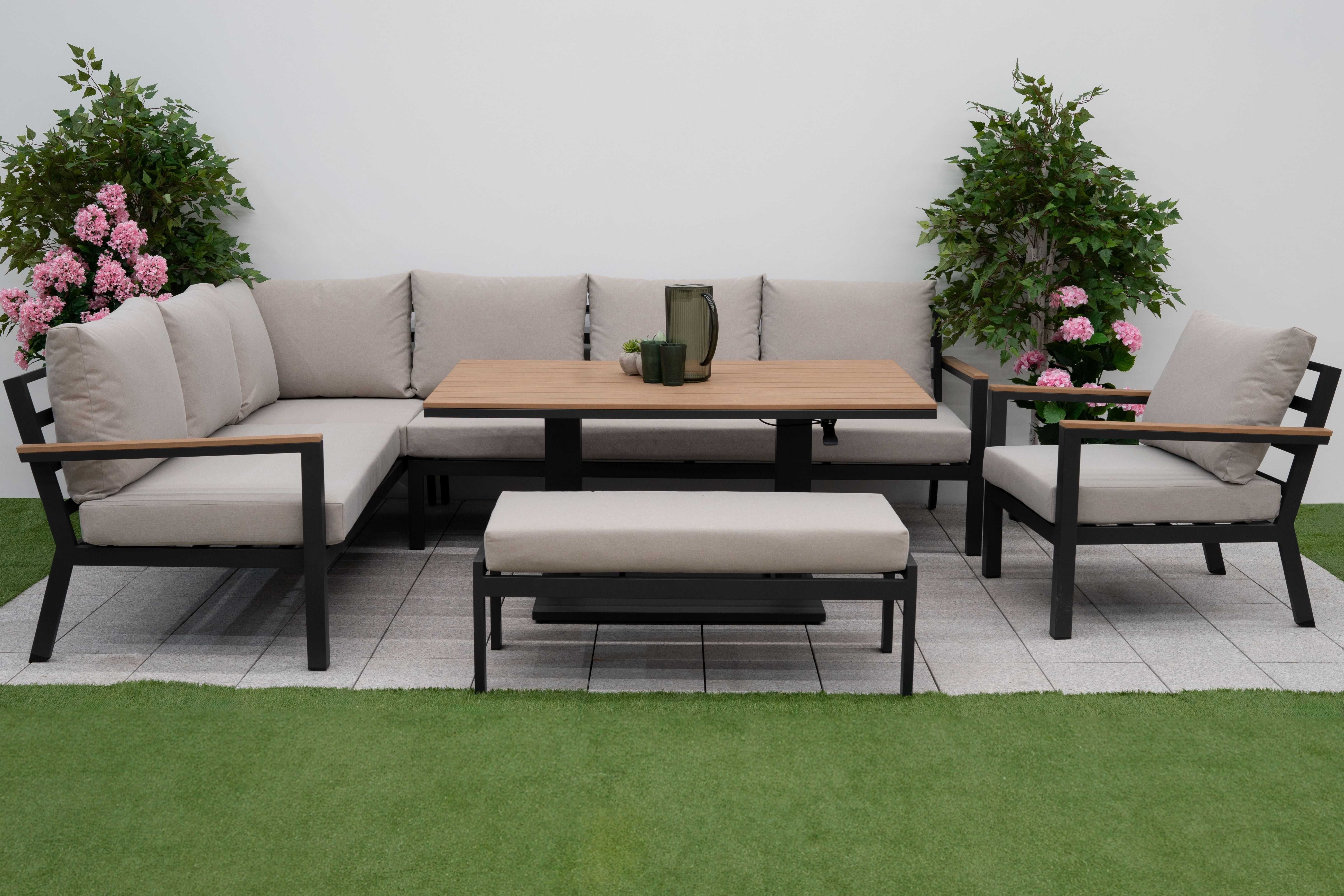 Nova - Heidi Left Hand Corner Sofa Dining Set with Rectangular Rising Table, Armchair and Bench