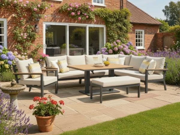 Nova - Heidi Right Hand Corner Sofa Dining Set with Rectangular Rising Table, Armchair and Bench