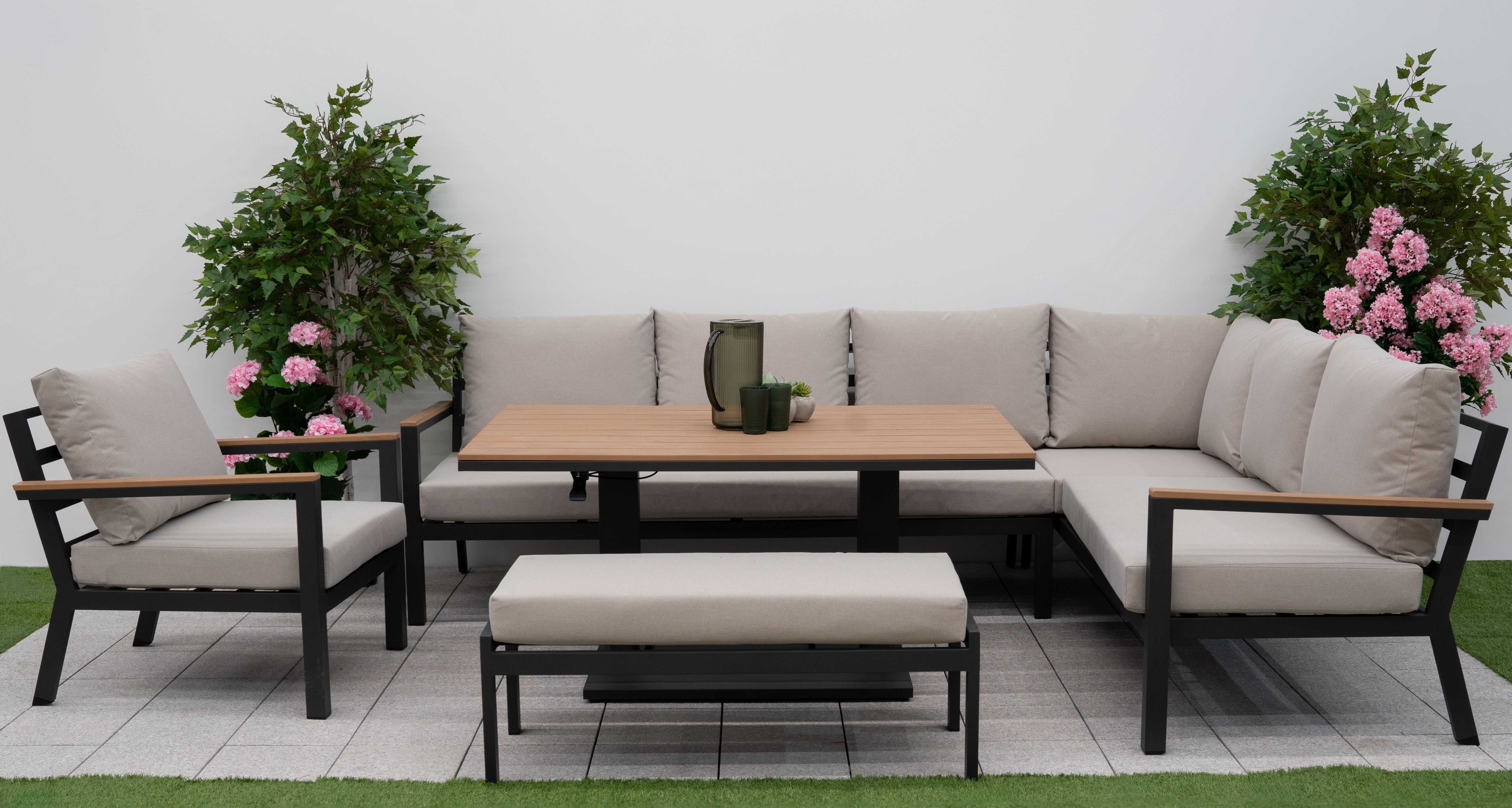 Nova - Heidi Right Hand Corner Sofa Dining Set with Rectangular Rising Table, Armchair and Bench