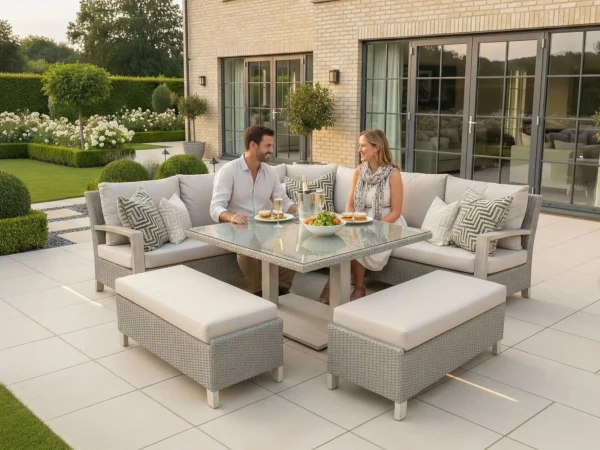 Nova - Griffin Curved Corner Dining Set with Square Rising Table & Double Benches - Light Grey