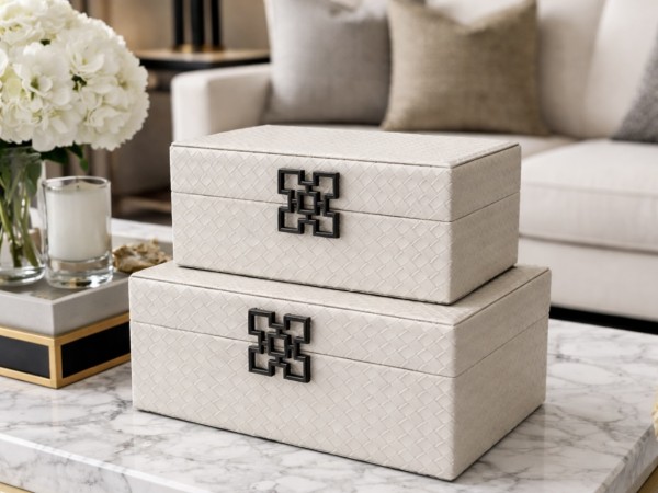 Chimes - Set of 2 Cream Woven Faux Leather Jewellery Boxes