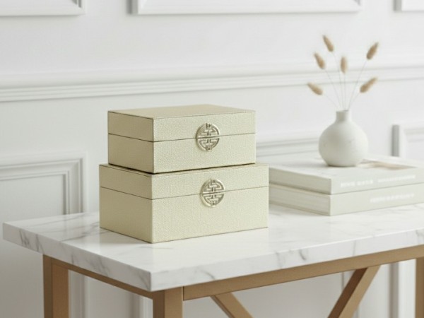 Chimes-Set Of 2 Gold Faux Leather Jewellery Boxes With Gold Clasp