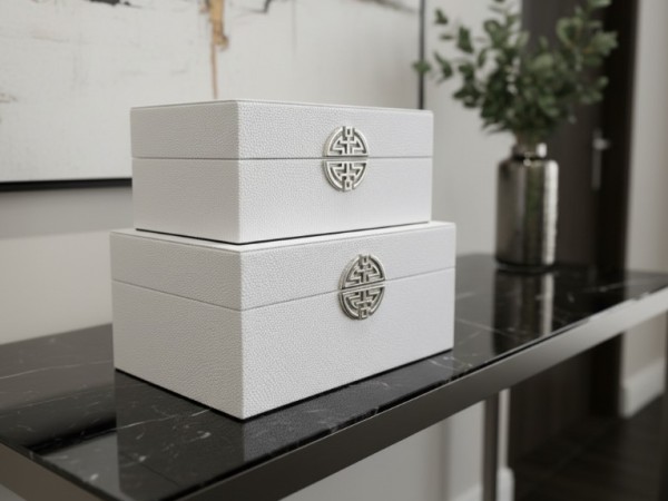 Chimes - Set Of 2 White Faux Leather Jewellery Boxes with silver clasp