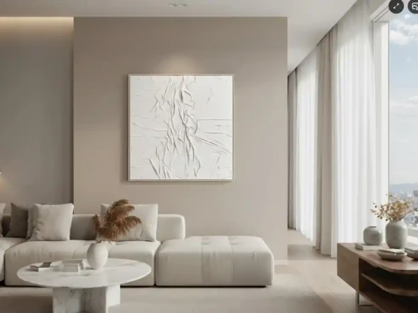 Ainsley Canvas White Pleated Fabric Hand Painted Wall Art