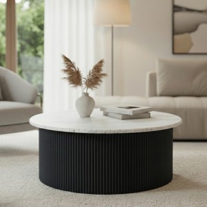 Tyler Travertine Top Coffee Table with Black Acacia Wood Base