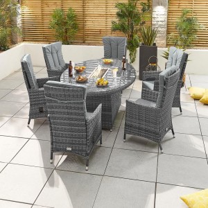 Nova - Mixed Grey Ruxley 6 Seat Reclining Dining Set with Fire Pit - 1.8m x 1.2m Oval Table