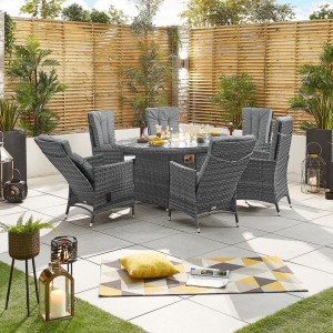 Nova - Mixed Grey Ruxley 6 Seat Reclining Dining Set with Fire Pit - 1.8m x 1.2m Oval Table