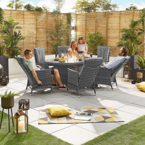 Nova - Mixed Grey Ruxley 6 Seat Reclining Dining Set with Fire Pit - 1.8m x 1.2m Oval Table