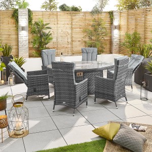 Nova - Mixed Grey Ruxley 6 Seat Reclining Dining Set with Fire Pit - 1.8m x 1.2m Oval Table